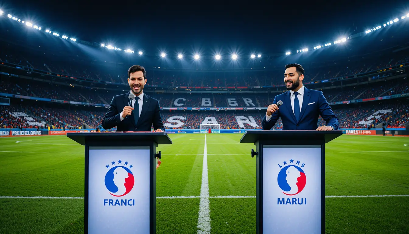 Football broadcast presenters stand on a field beneath stadium lights