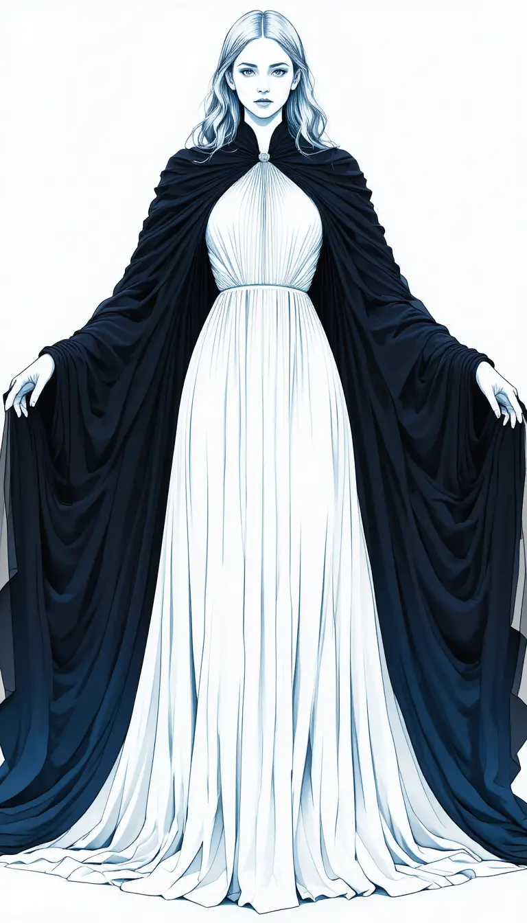 A serene angel levitates in a flowing gown with immense wings