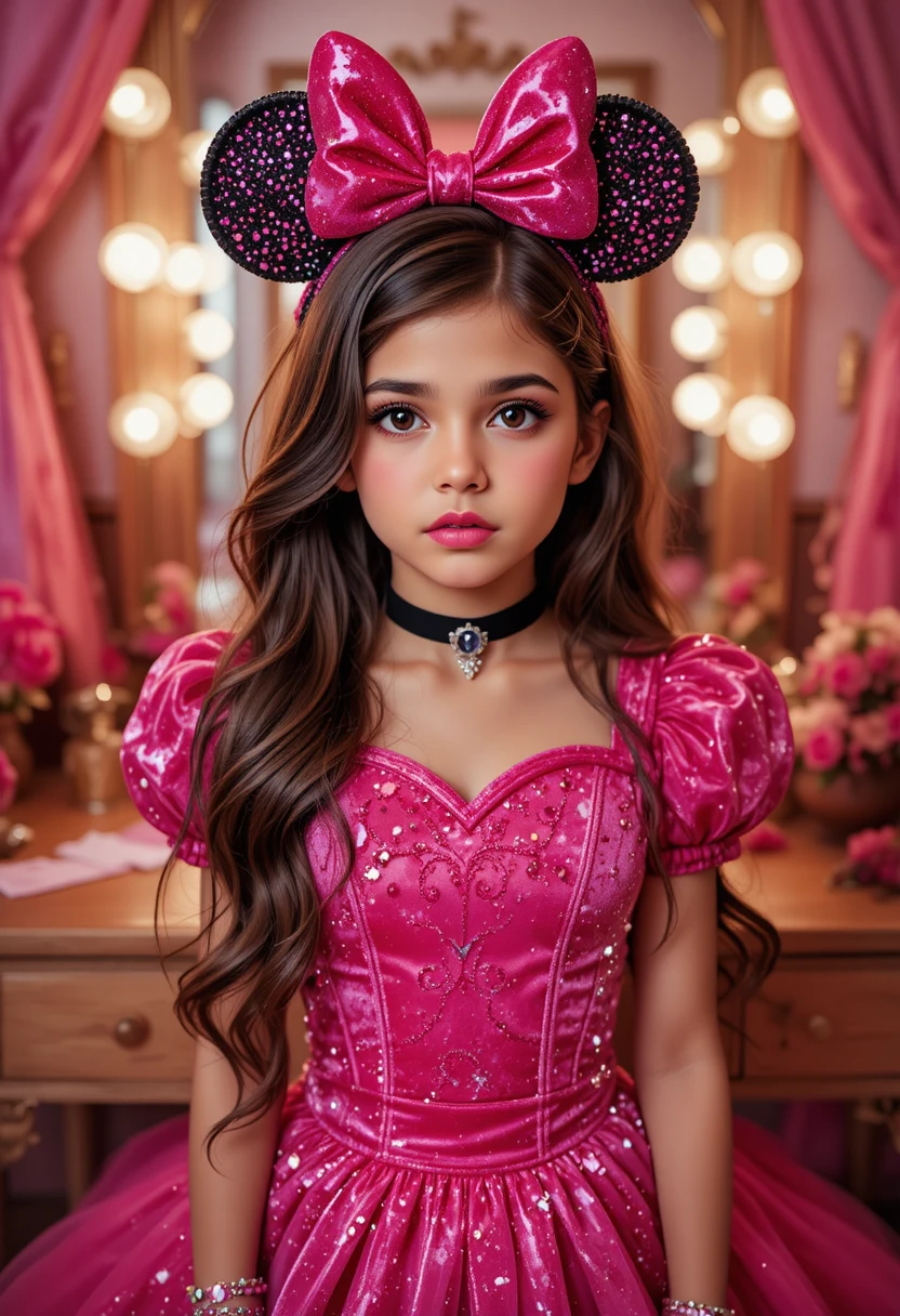 A tween boy pouts before a vanity in a princess mouse costume