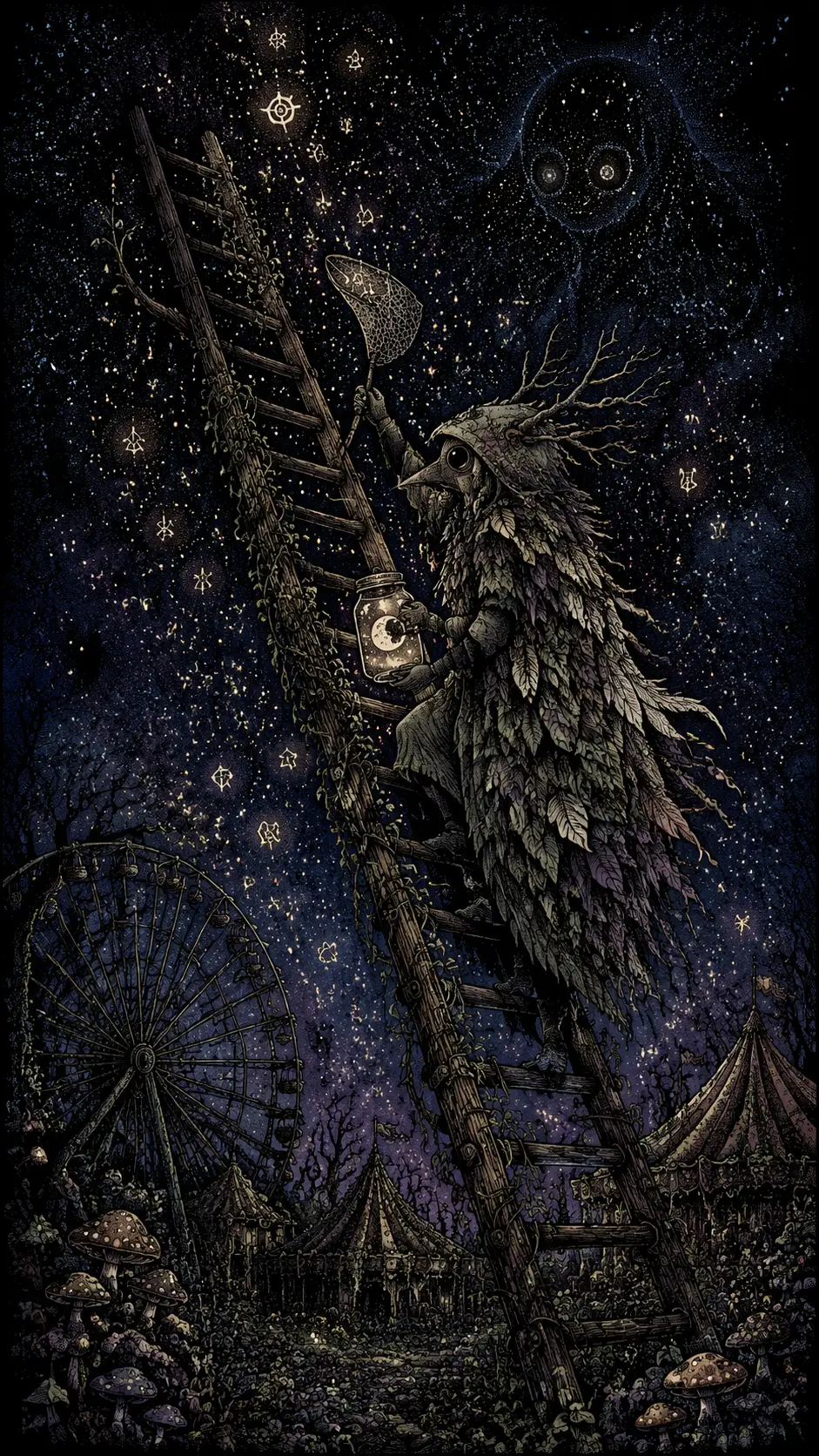 A creature in a leaf and feather coat climbs a crooked ladder toward the sky