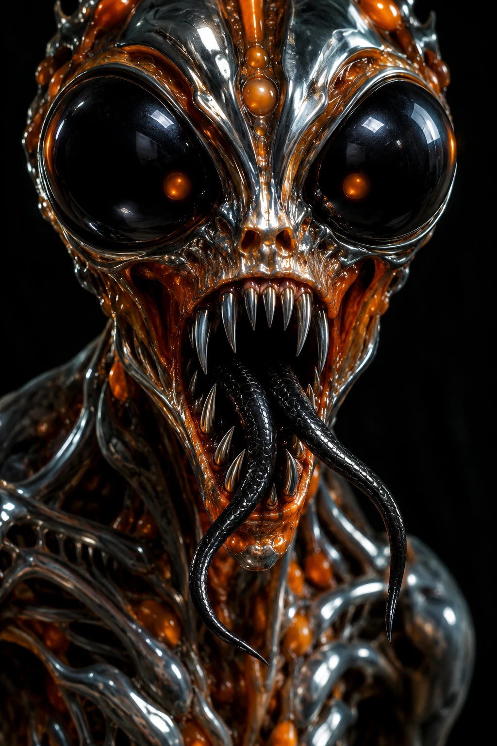 A monstrous alien with giant black eyes and serpentine tongues