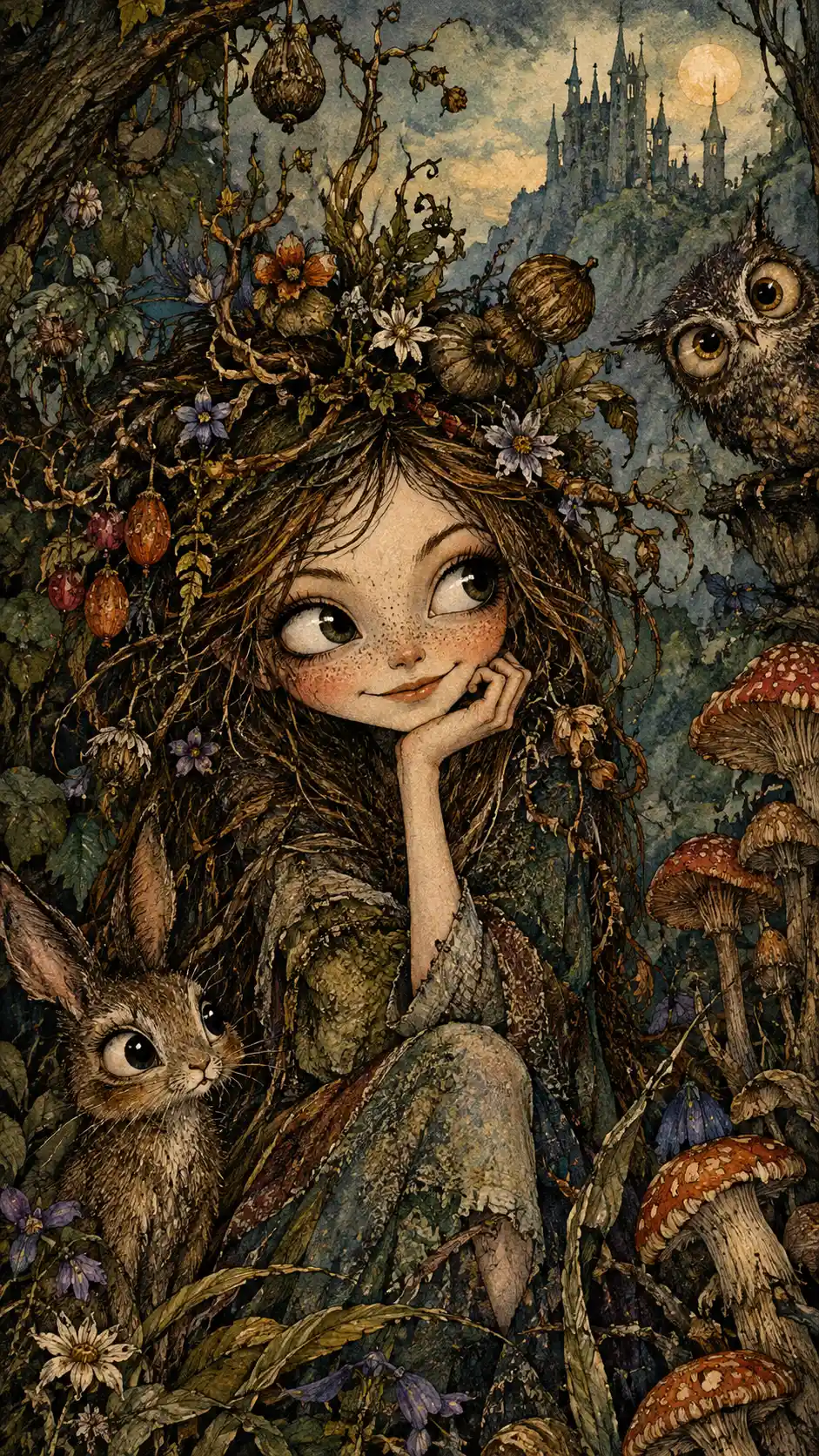 Whimsical Woodland Characters Amid Twisting Vines and Botanical Forms