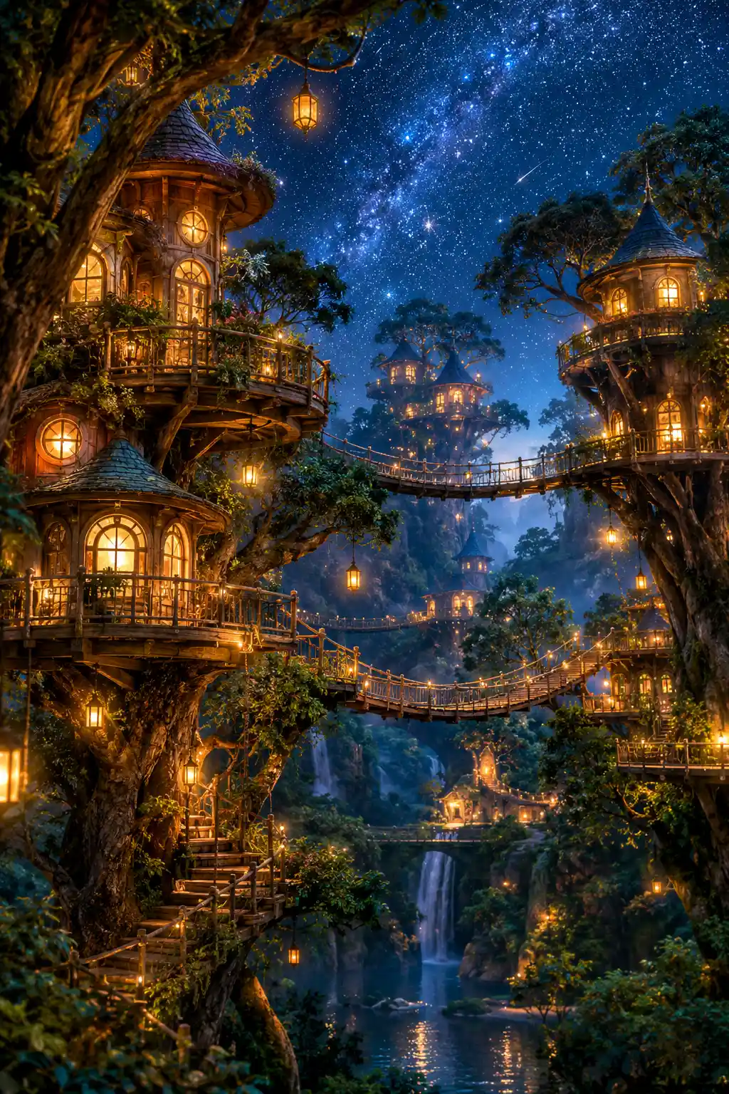 Casas en los árboles unidas por delicados puentes brillan en un bosque estrellado