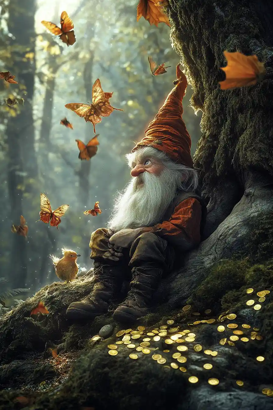 A Frightened Leprechaun Discovers His Missing Gold Beside a Forest Stump
