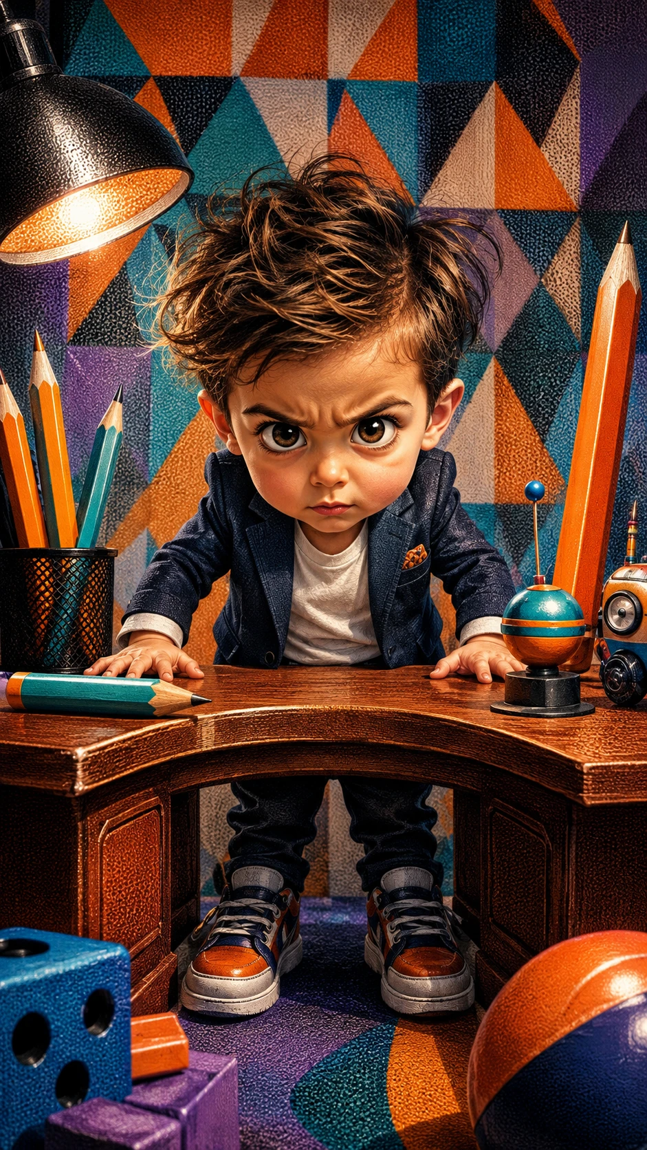 Un bambino serio fa capolino da dietro una scrivania enorme
