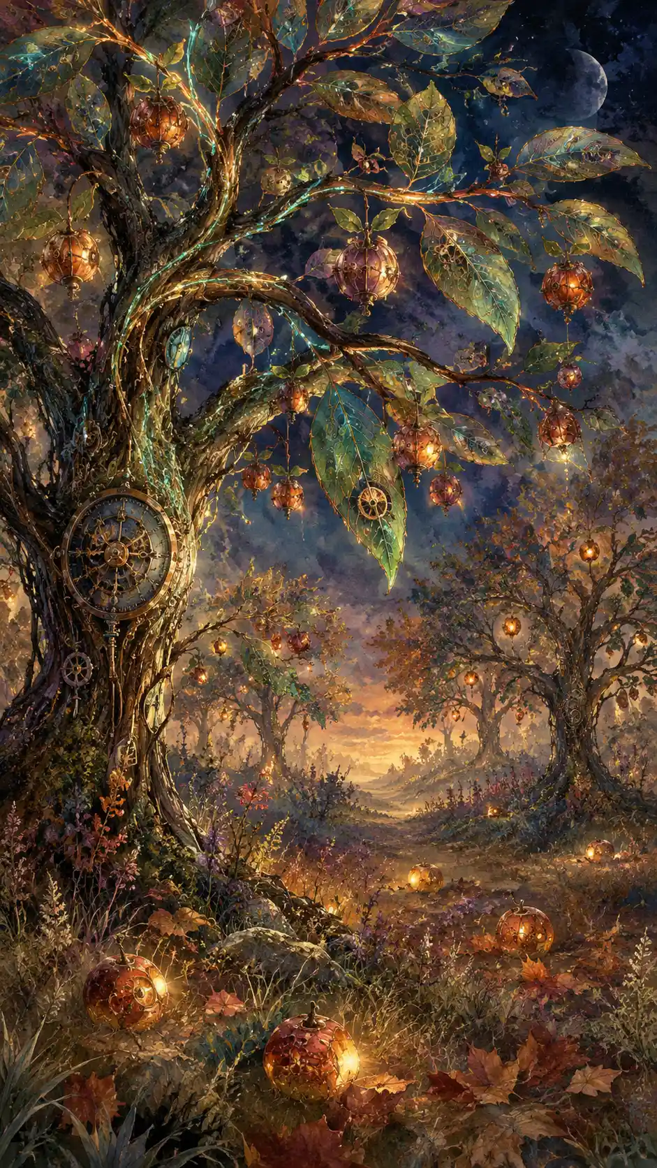 An abandoned orchard of trees with intricate clockwork branches