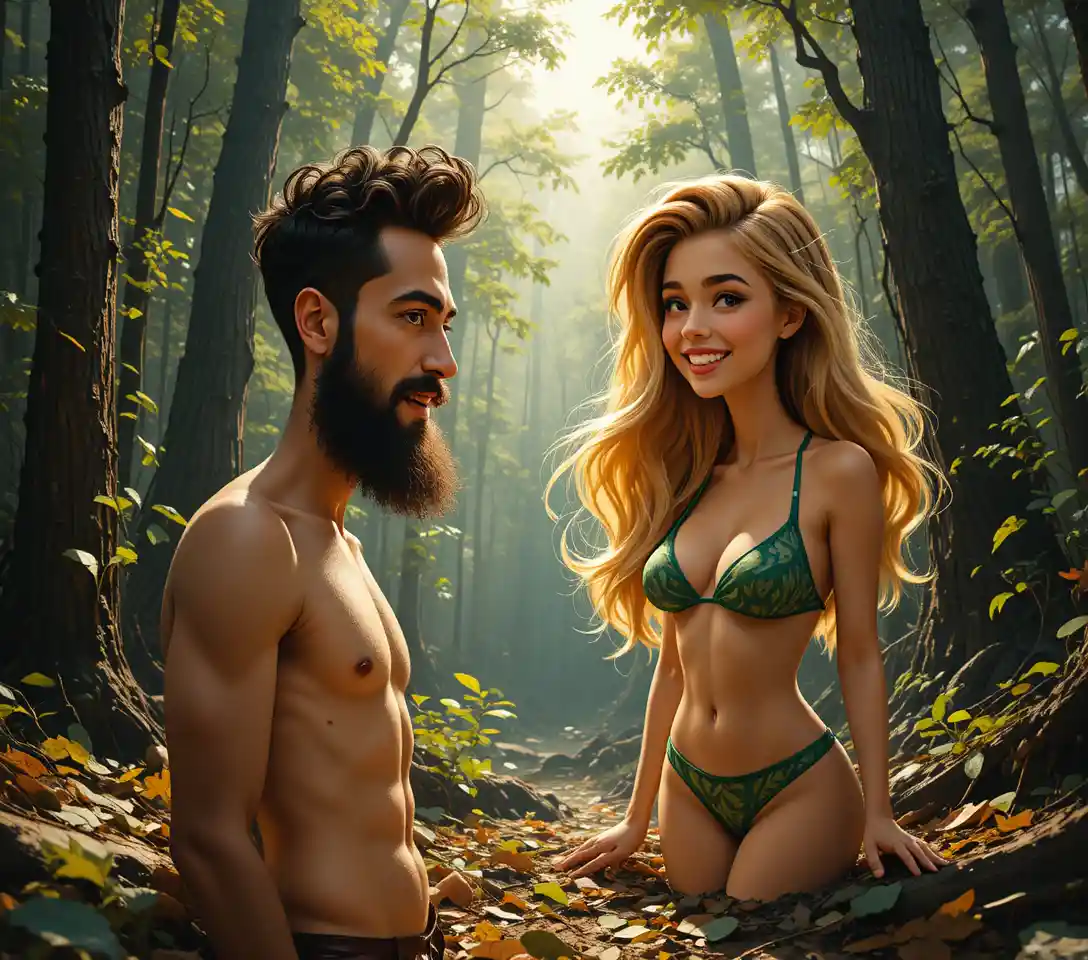 A smiling woman and bearded man share a forest film scene
