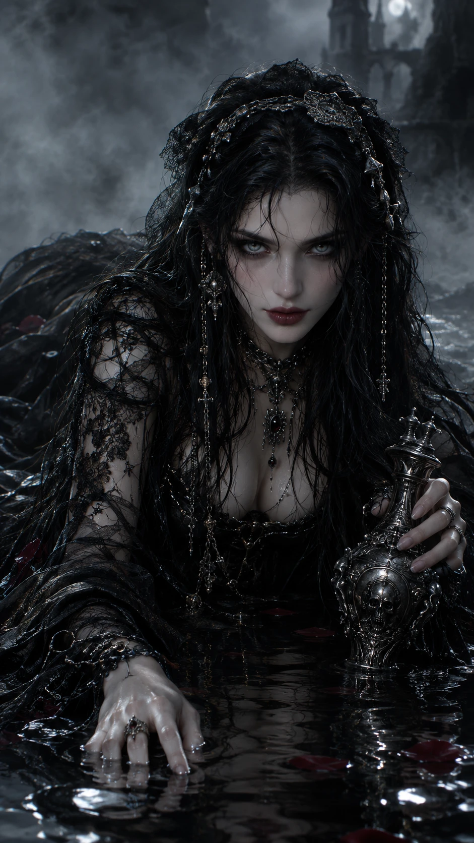 Una regina gotica si adagia nell'acqua scura sotto una fredda nebbia