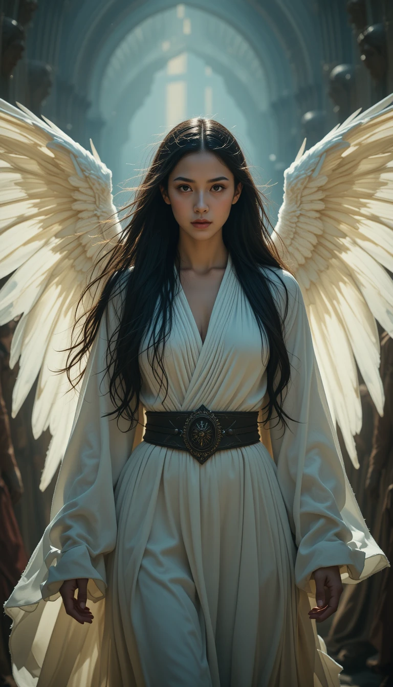 An angelic woman walks through a crowd in black and white robes