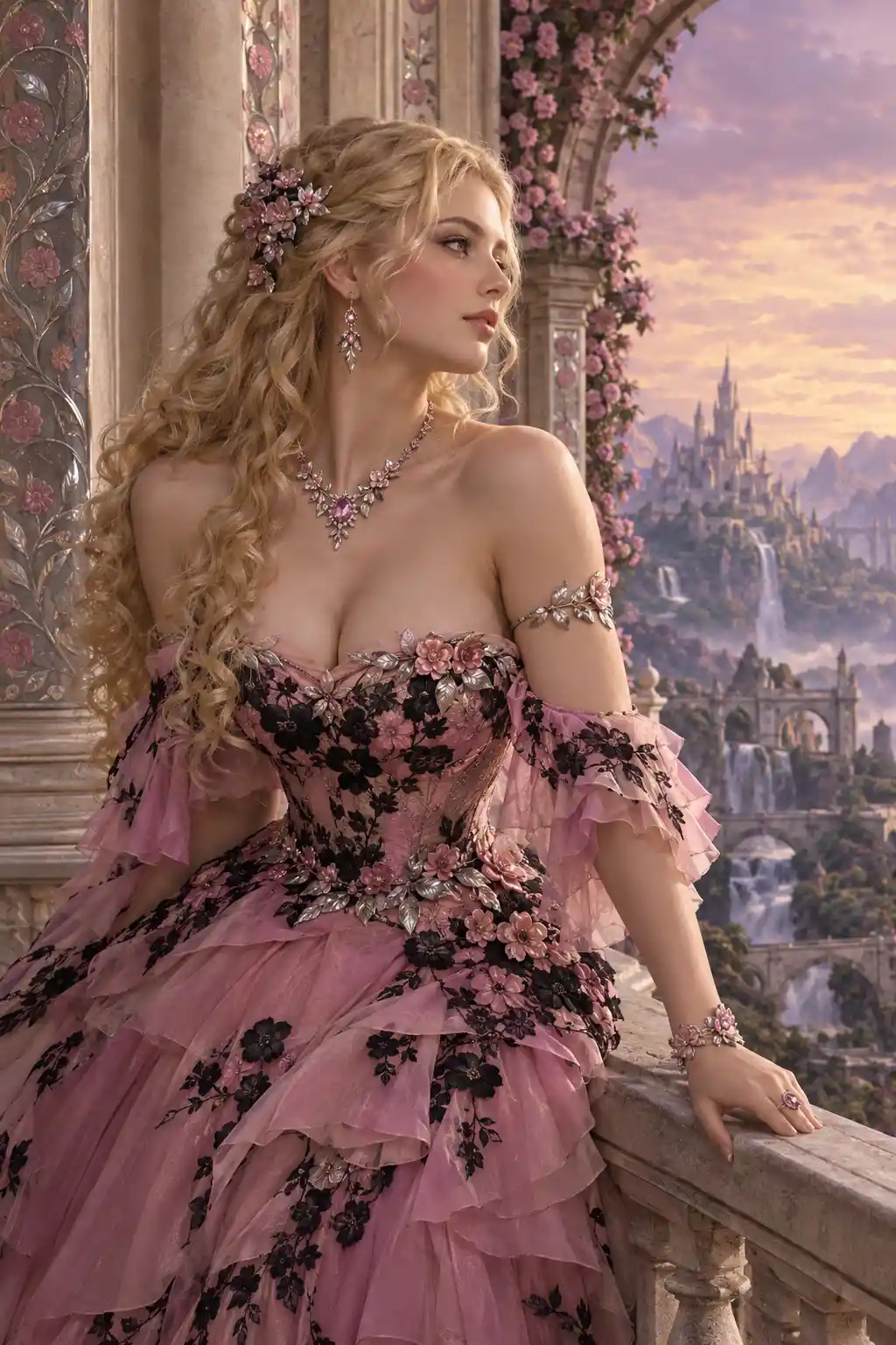 A blonde woman leans against a balcony in an ornate pink dress