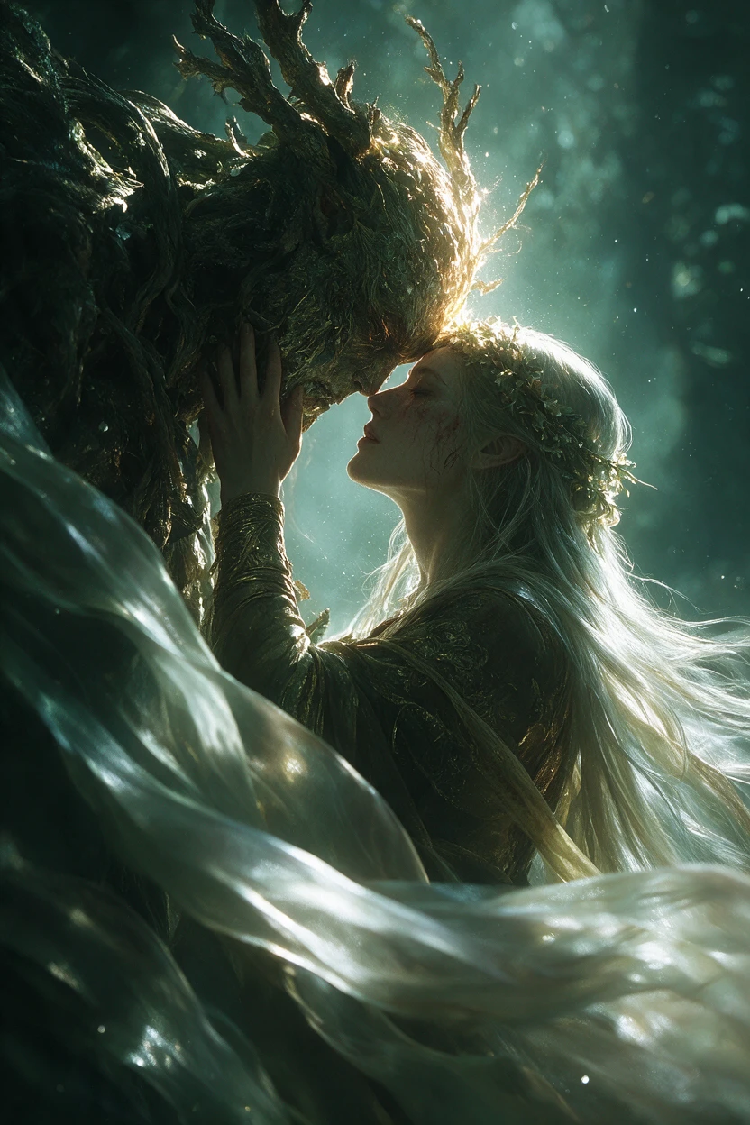 A Figure Framed by Flowing Silk in a Dark Fantasy Scene