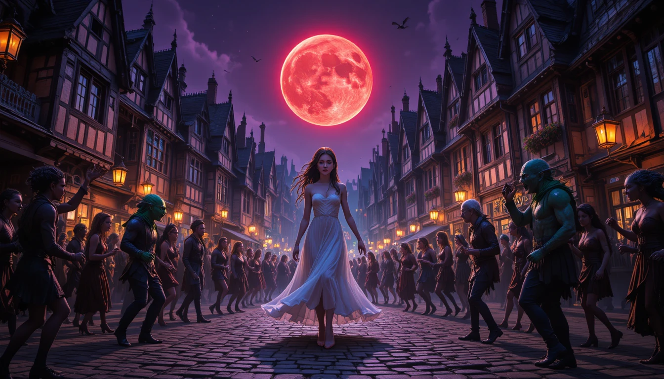 Un festival nocturno reúne a criaturas místicas en una calle empedrada de un pueblo