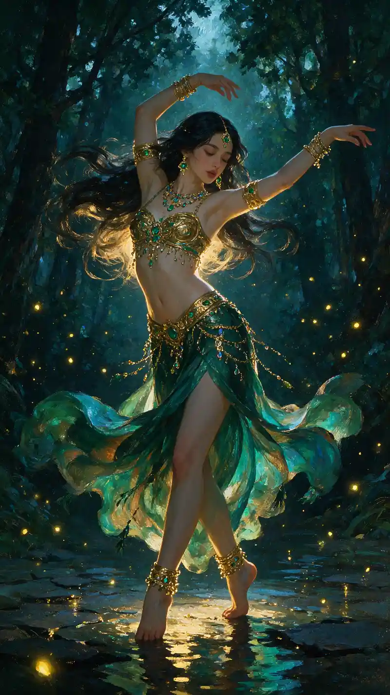 An enchantress dances barefoot beneath moonlight in a forest clearing
