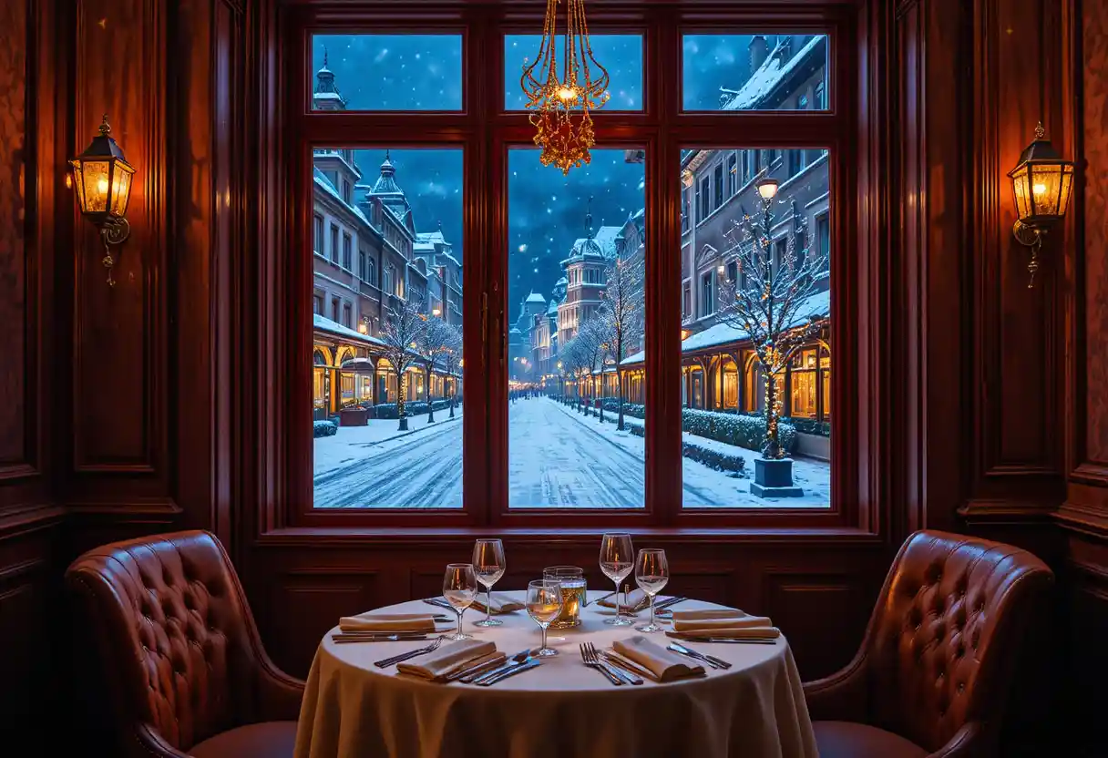 Moderne Küche in einem barocken Speisesaal mit roten Fensterrahmen