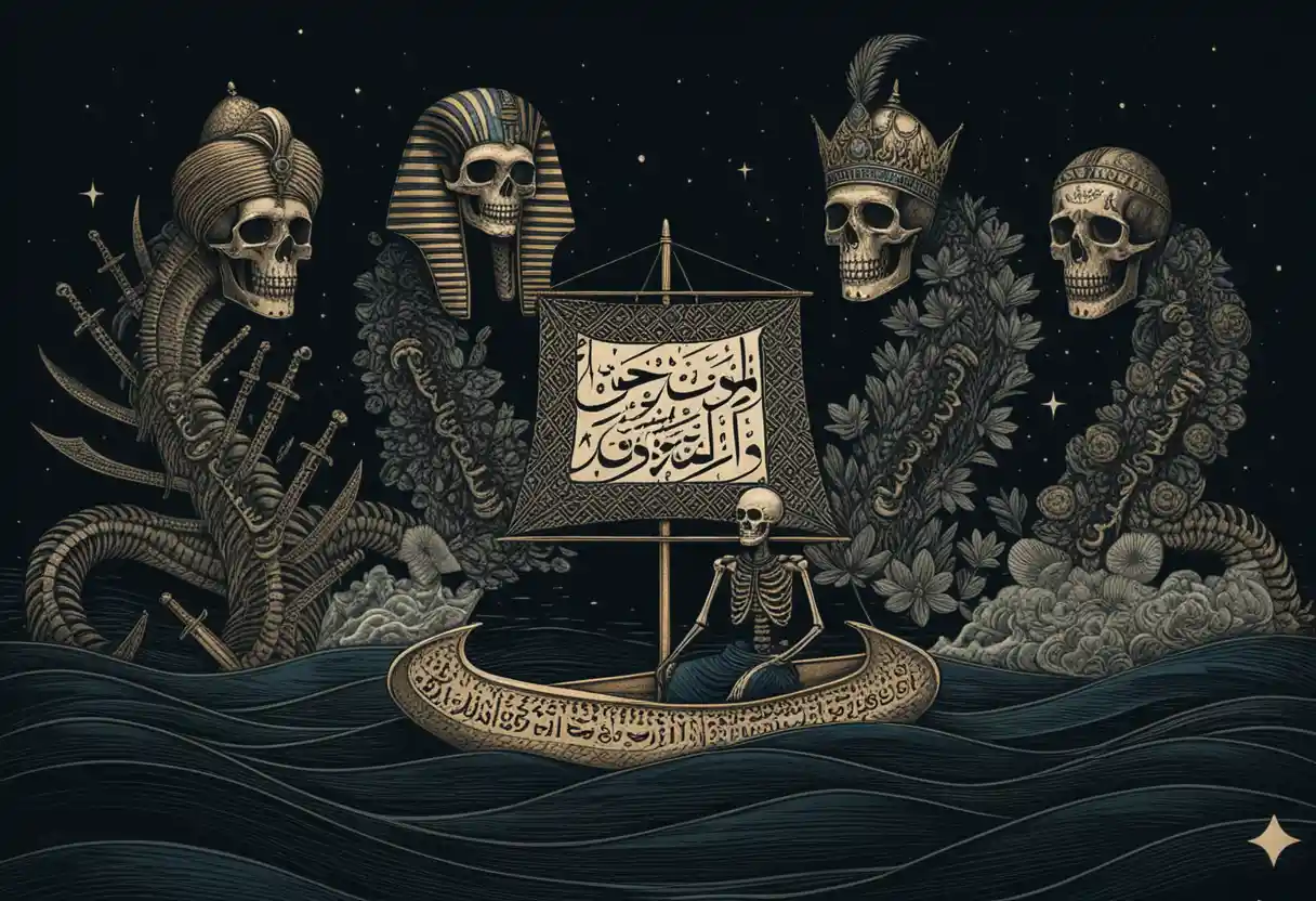 A crescent moon boat carries a skeleton across dark waves