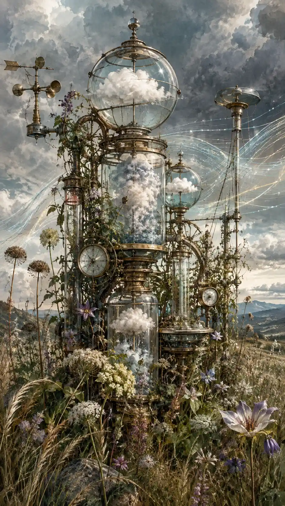 A monumental abandoned weather machine hidden within a wild meadow