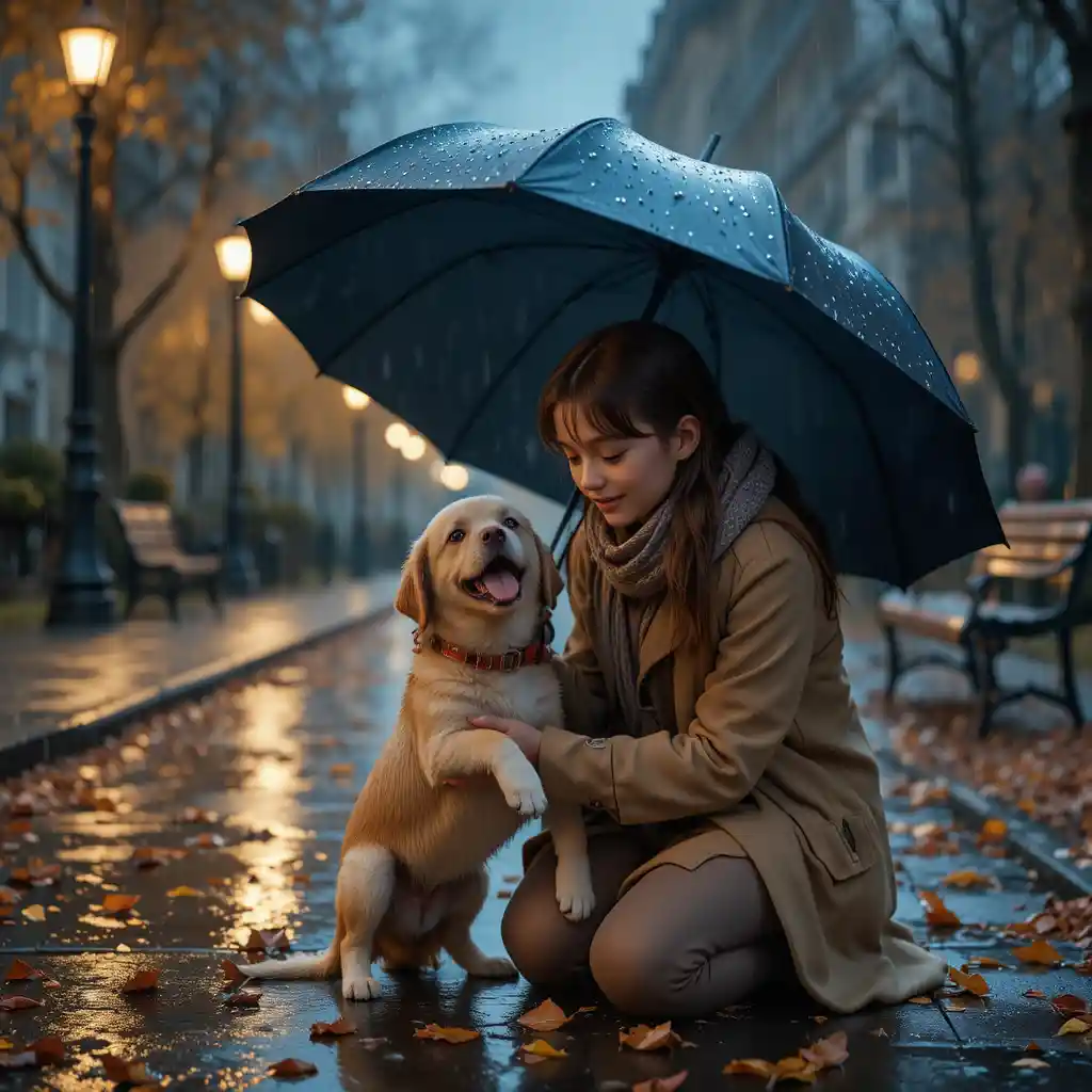 A young girl shares her umbrella with a puppy in the rain