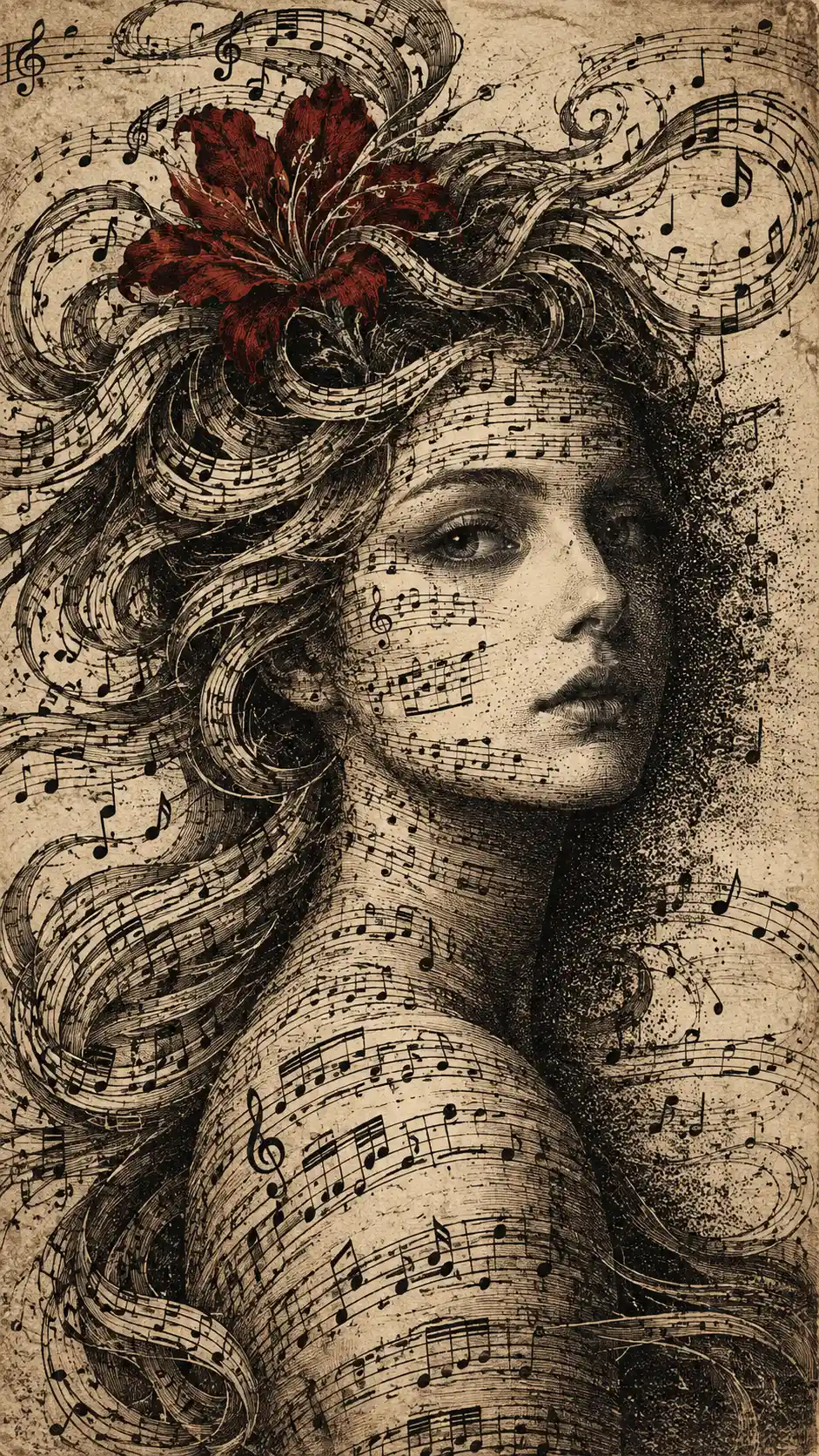 Una mujer surrealista emerge de un vasto campo de partituras antiguas
