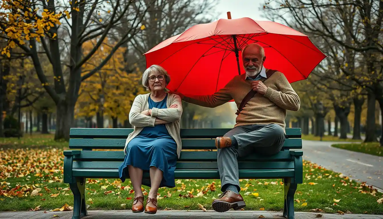 Una pareja de ancianos se mira con enfado a través de un banco del parque en otoño