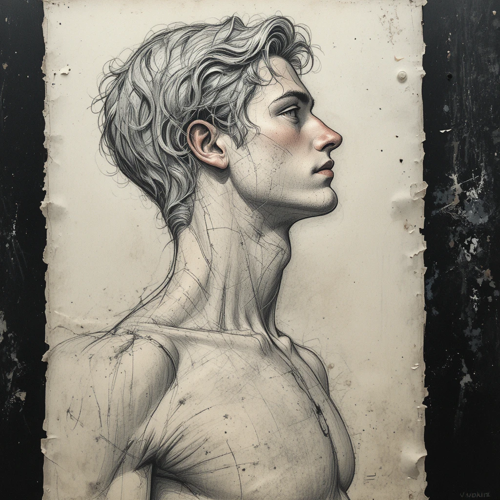 Charcoal study of a sculpted male profile in soft overhead light