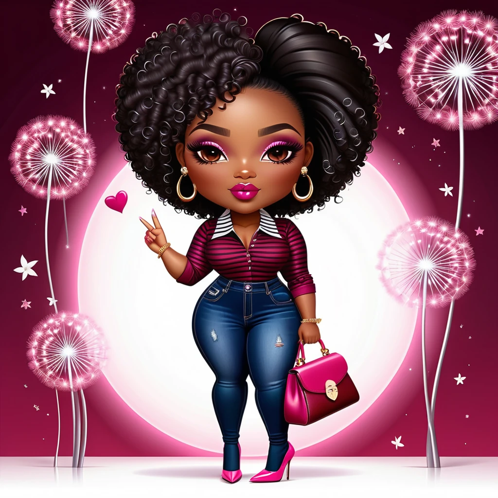 Mujer fashion estilo chibi posa con el signo de la paz ante remolinos de dientes de león