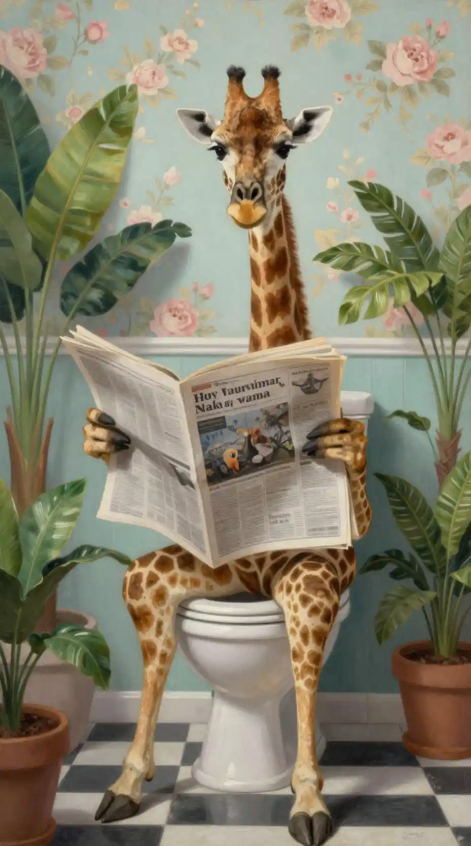 A giraffe reads the newspaper while sitting on a bathroom toilet