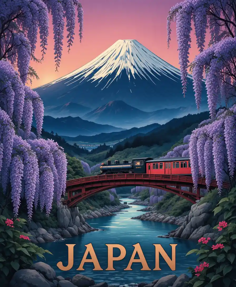 El monte Fuji tras las glicinias mientras un tren de vapor cruza un puente
