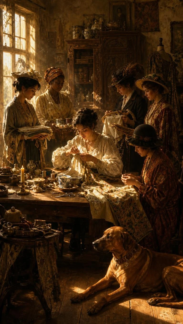 Una costurera cose a la luz del sol en una antigua sala de costura