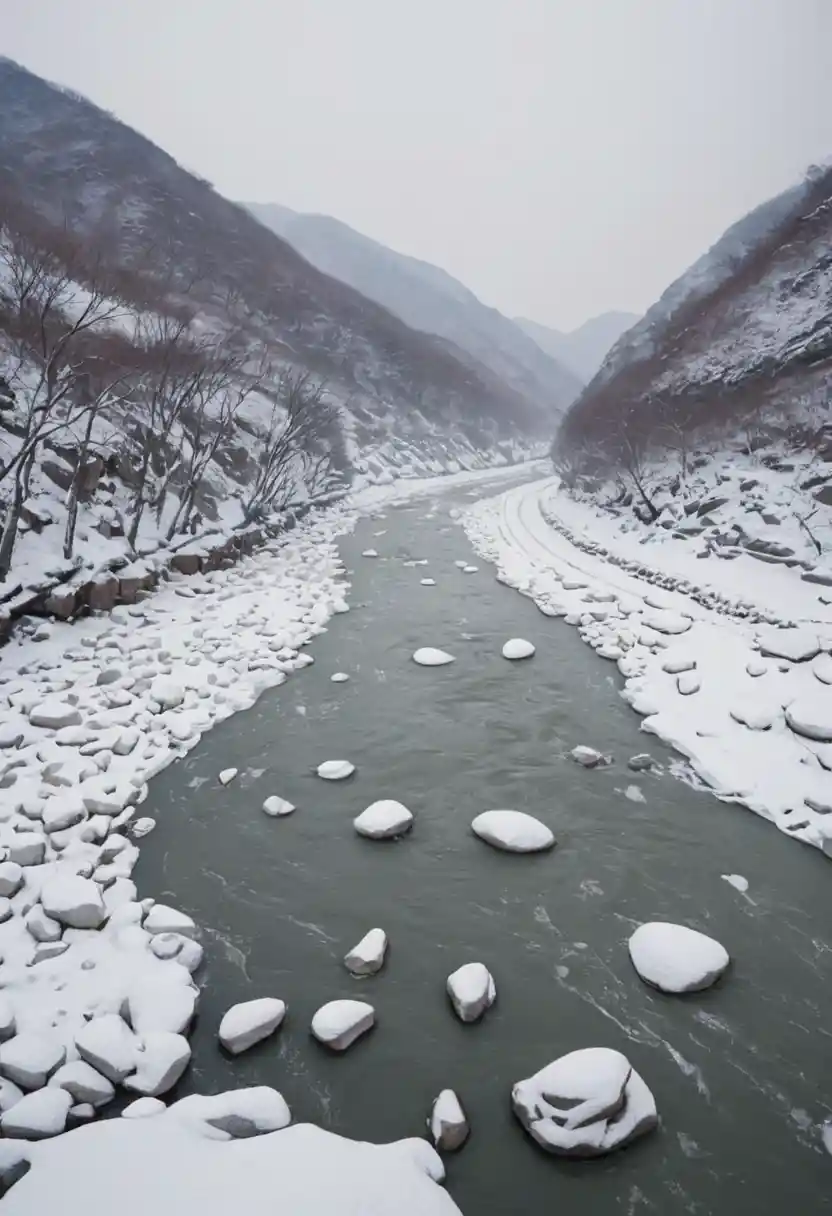Un río helado de Corea bajo picos de montañas cubiertos de nieve