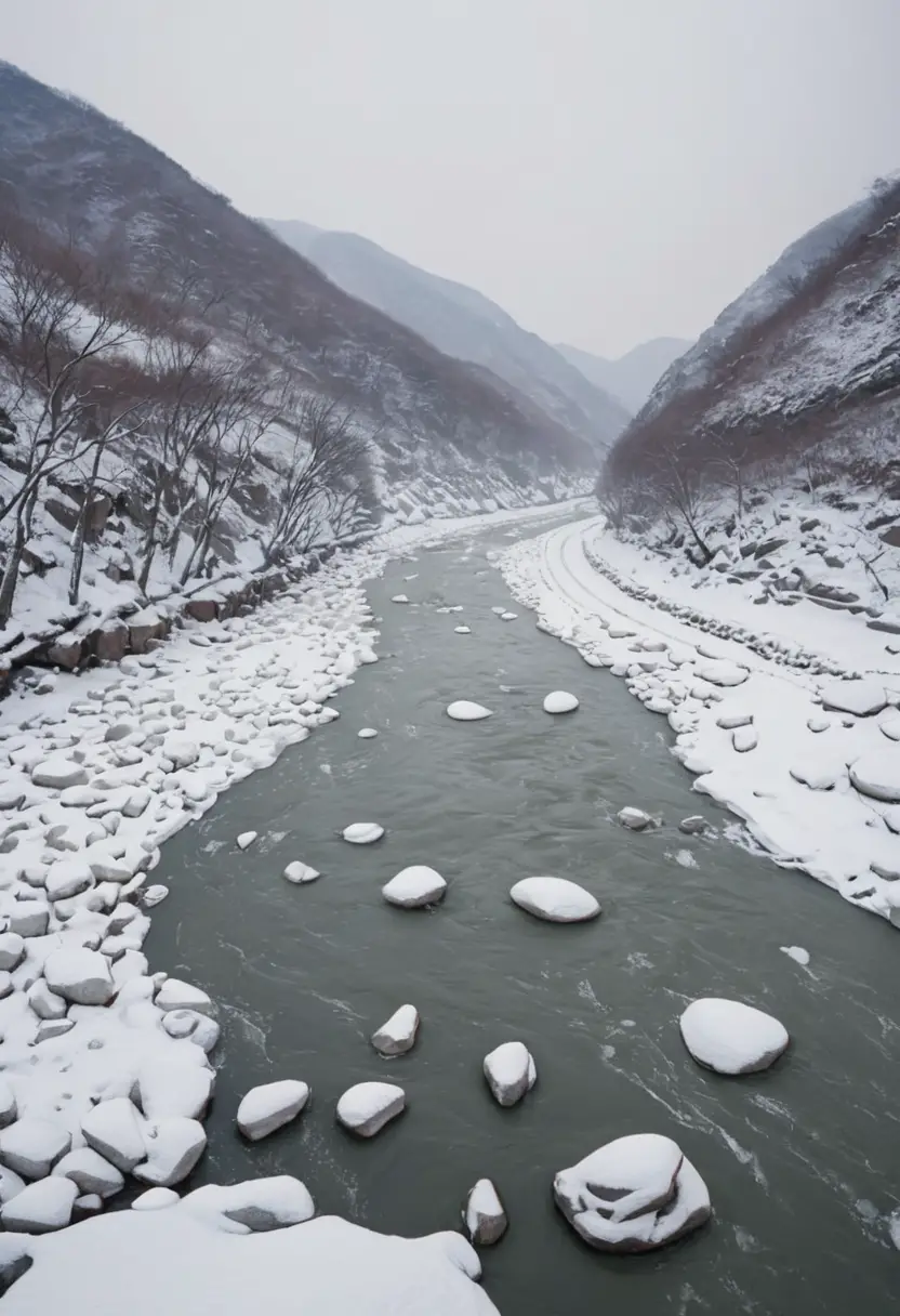 Un río helado de Corea bajo picos de montañas cubiertos de nieve