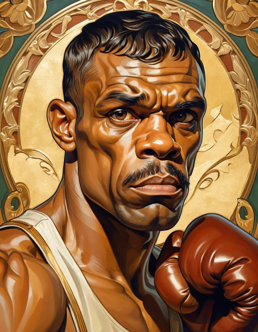 Un boxeador en guardia frente a un fondo art nouveau