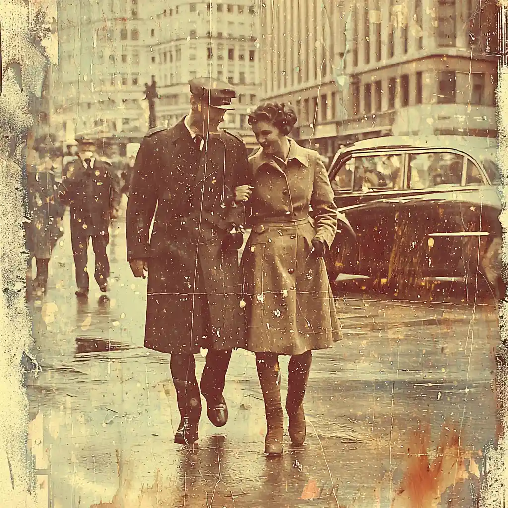 Uma cena de rua vintage com sutis toques de ficção científica