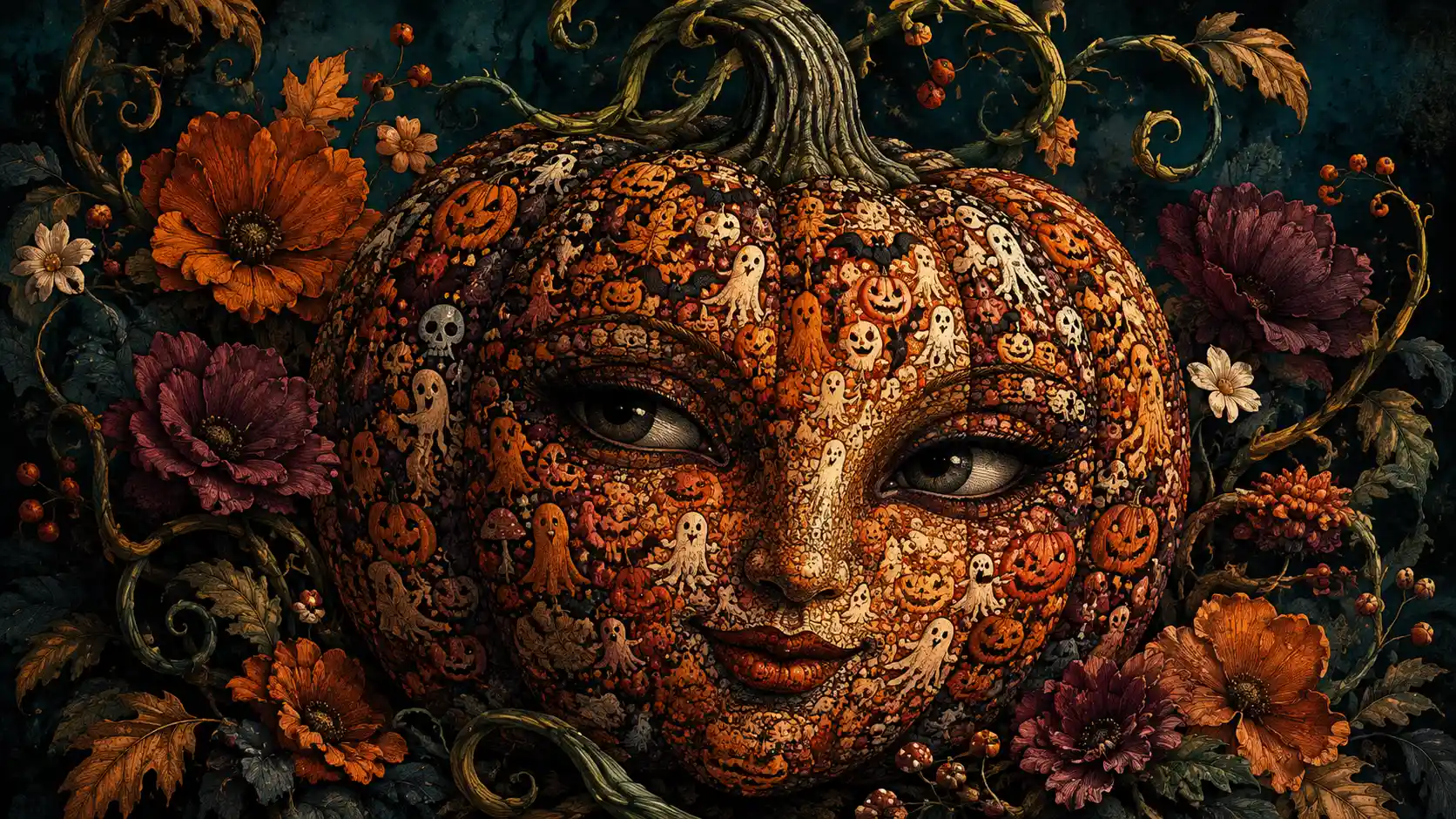 Ein surreales Kürbisporträt, schattiert mit winzigen Halloween-Symbolen und herbstlichen Blumen