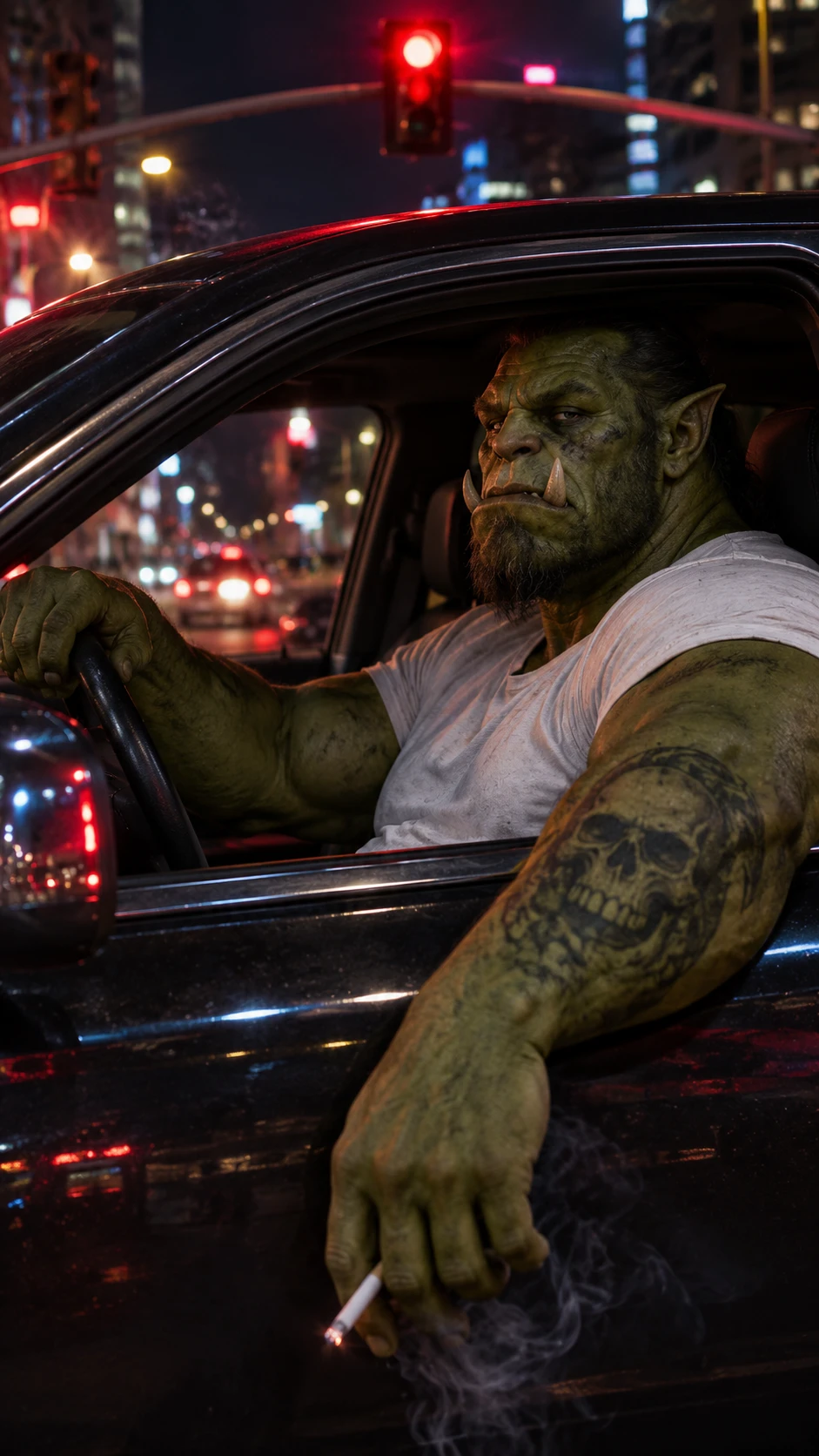 A muscular green orc sits behind the wheel at a red light