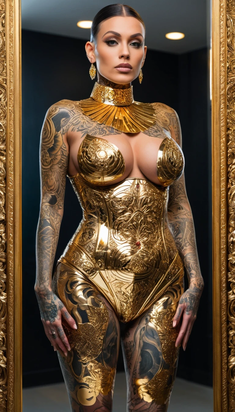 Una mujer tatuada posa con las manos en la cintura, envuelta en papel dorado reflectante