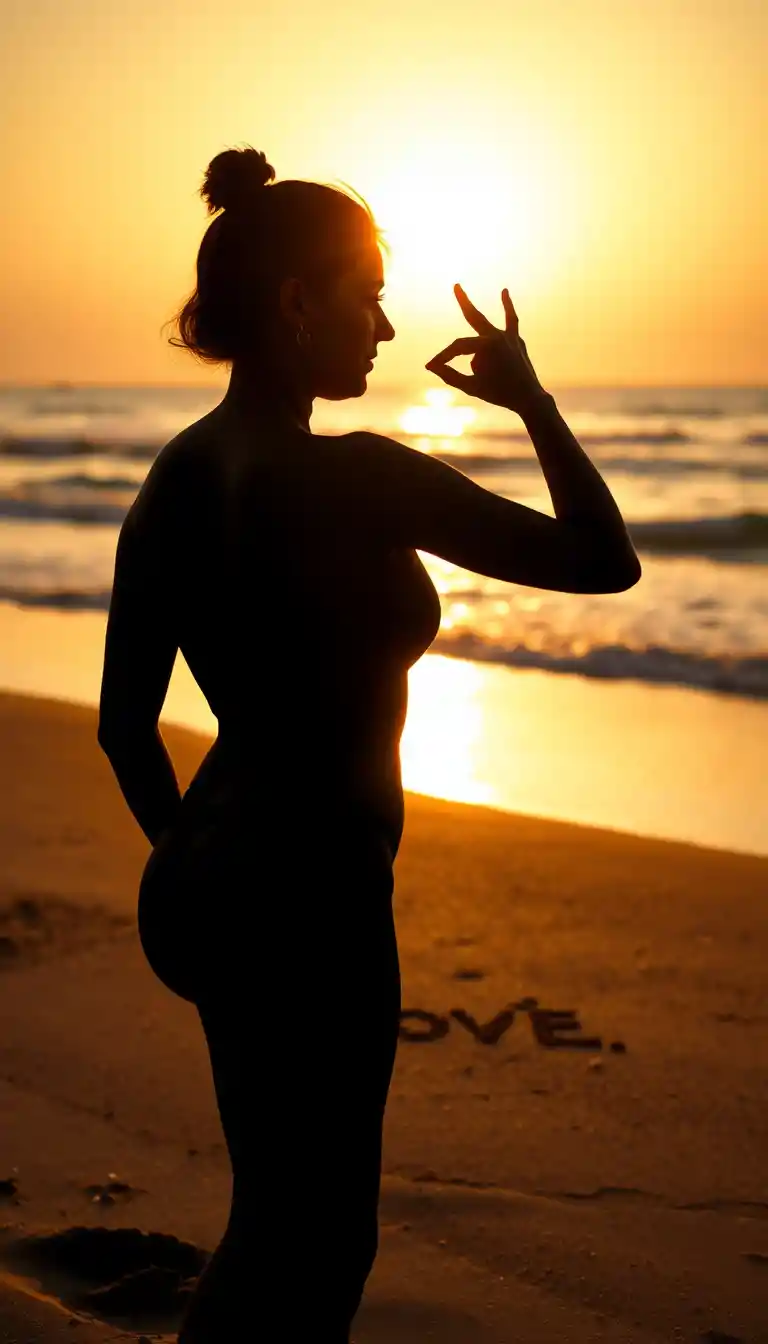 A woman writes love in wet sand against the setting sun