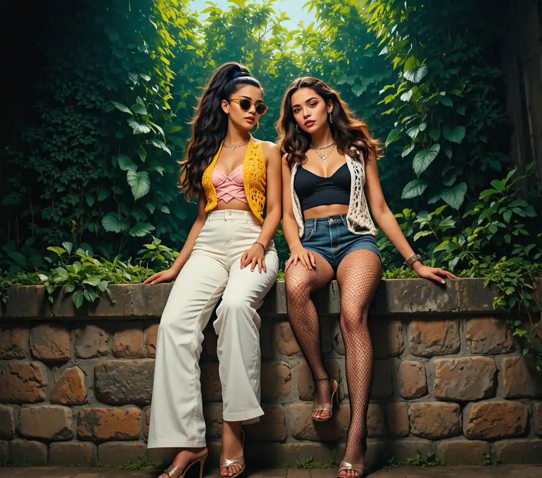 Two young women sit together on a stone wall among lush greenery