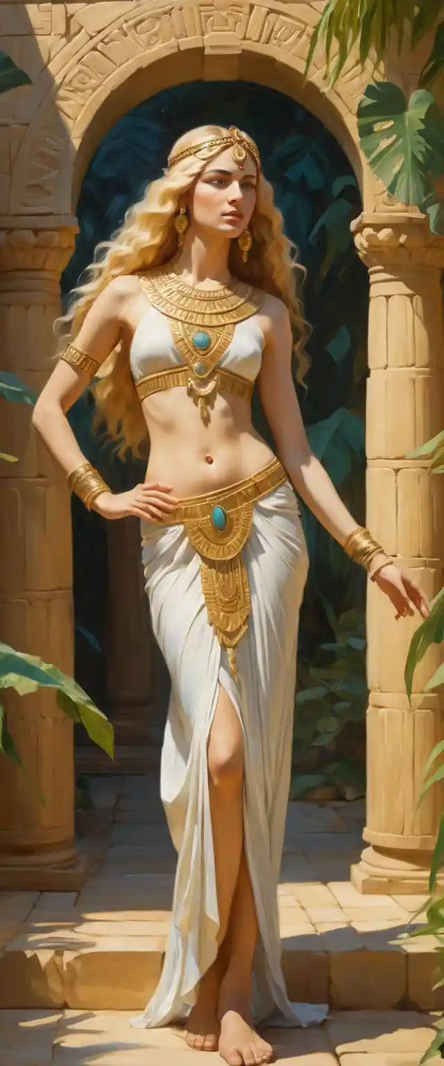 A temple dancer poised in a sunlit, lush paradise