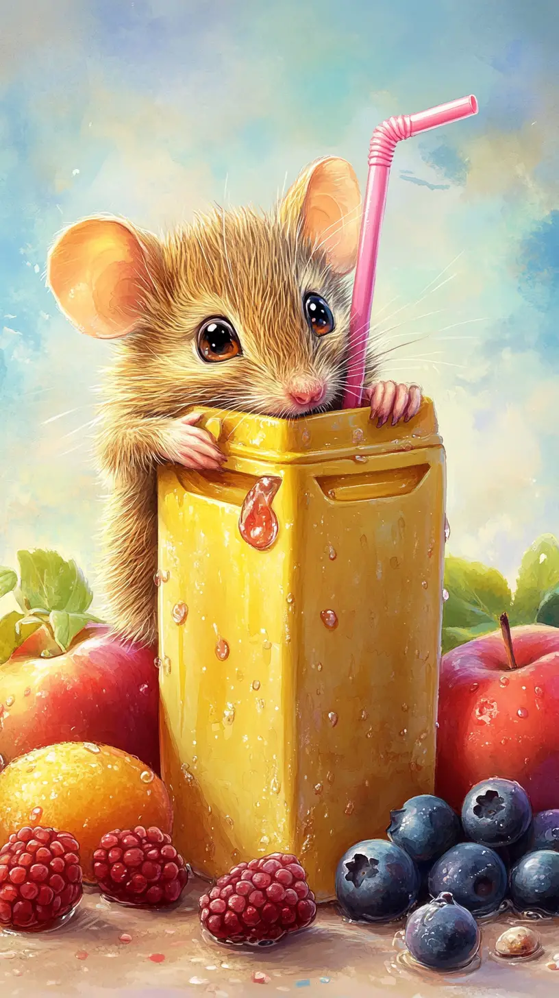 Un piccolo topo marrone fa capolino da dietro un cartone di succo di frutta giallo brillante
