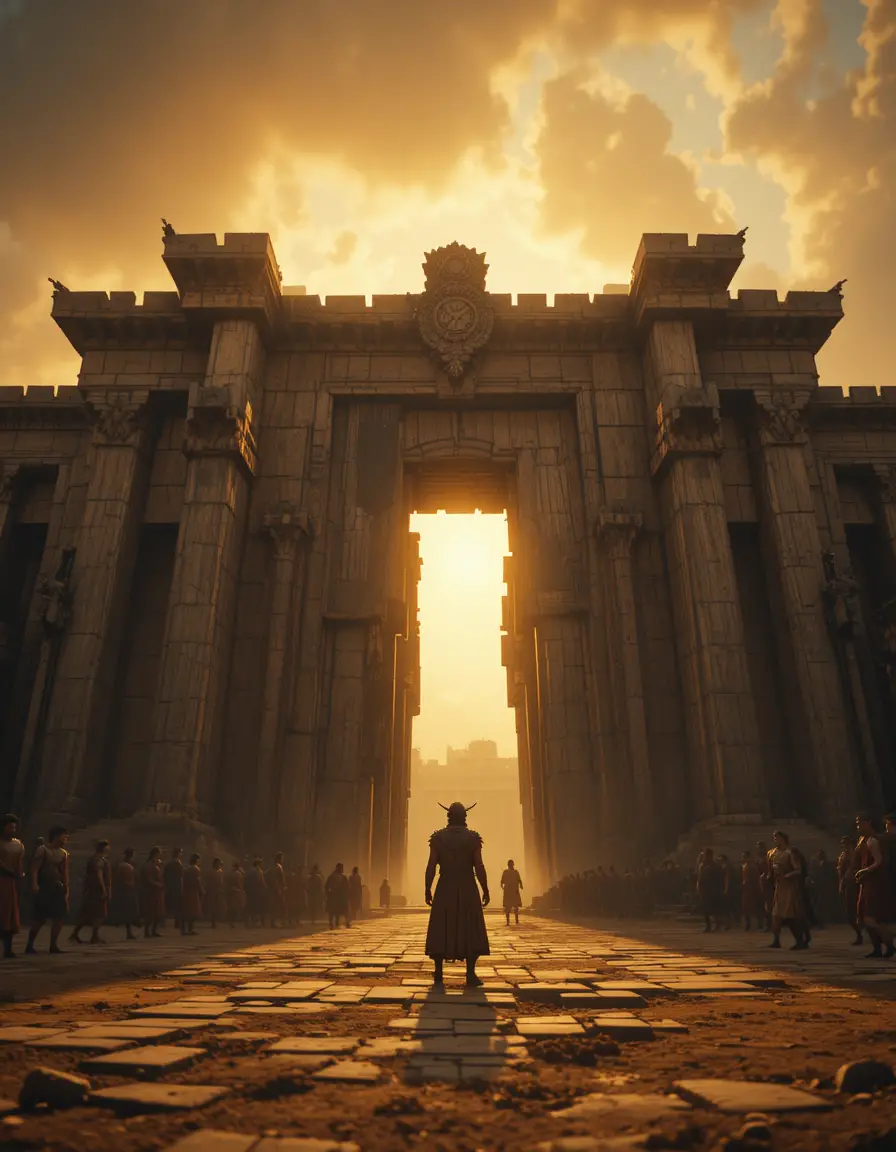 A massive wooden Trojan horse waits before the gates of Troy