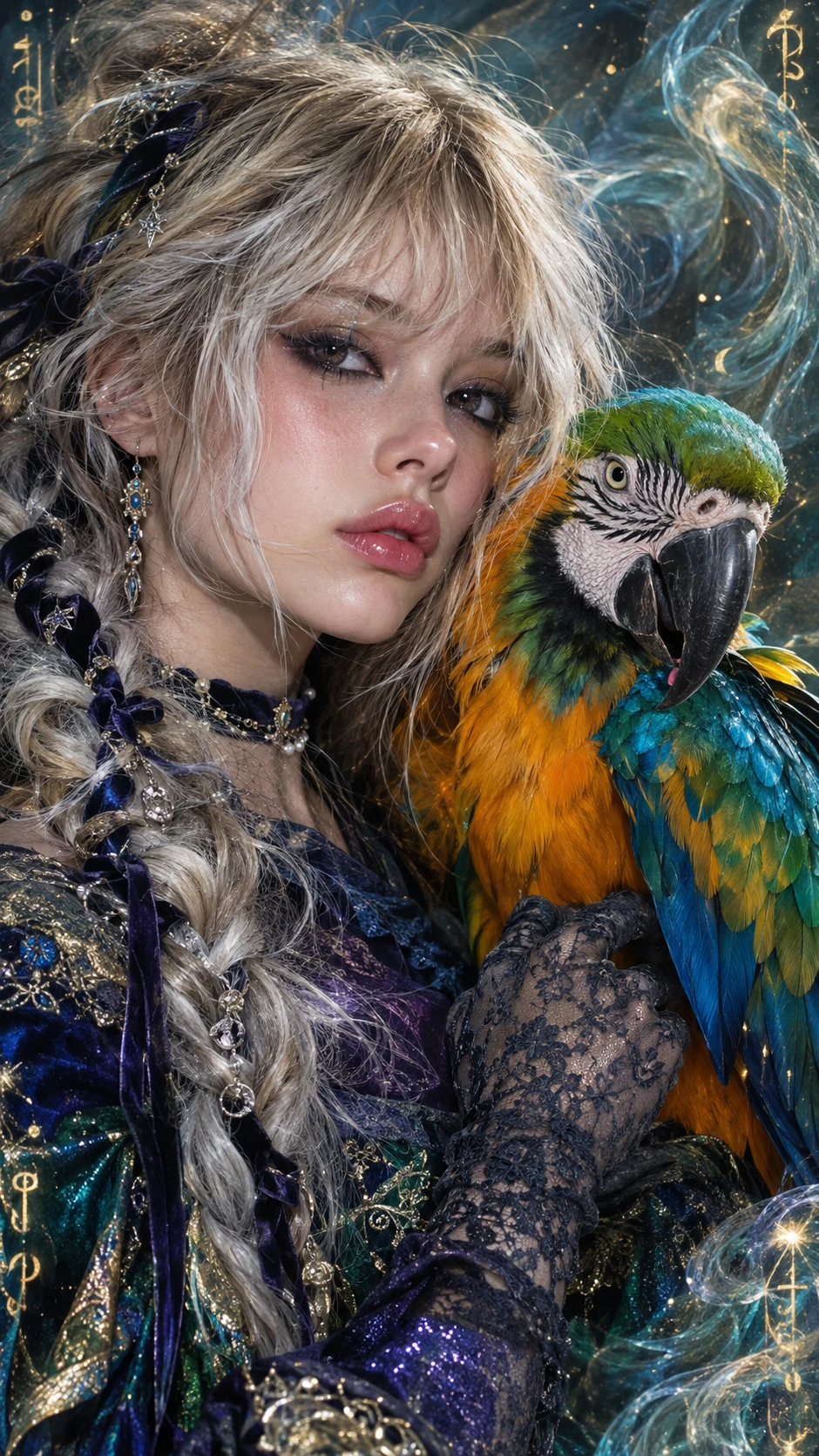 An emo girl and vivid macaw share a dreamlike close-up portrait