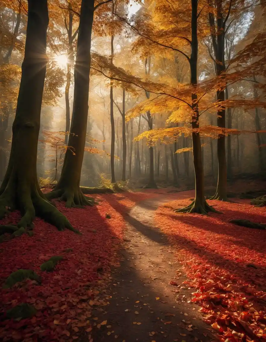 La luz dorada del sol se filtra entre las hojas caídas de un bosque otoñal