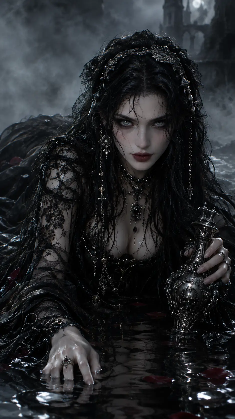 A Gothic Queen Reclines In Dark Water Beneath Cold Mist