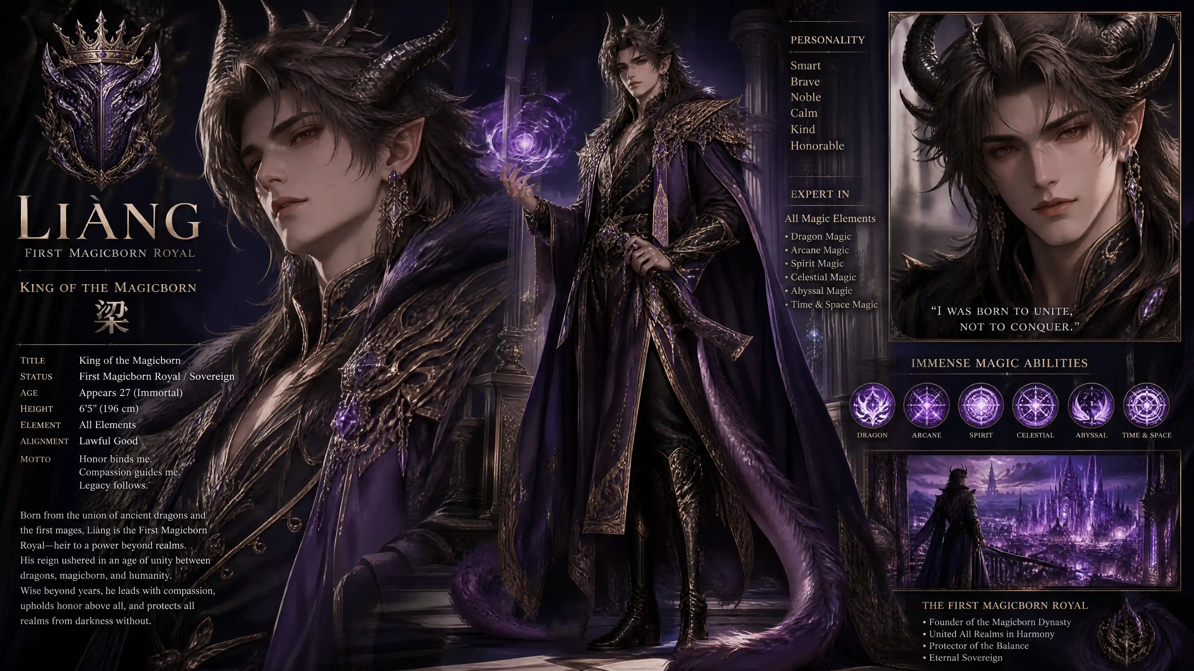Un re fantasy con corna di drago a spirale e una lunga coda viola ricoperta di pelo