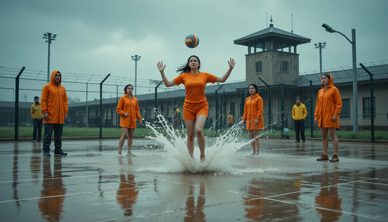 Mujeres presas juegan al voleibol bajo una intensa lluvia en una cancha al aire libre
