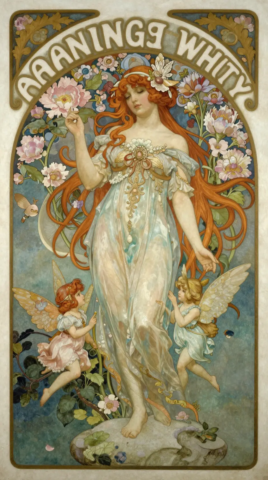 Hadas y flores en una pintura inspirada en el Art Nouveau