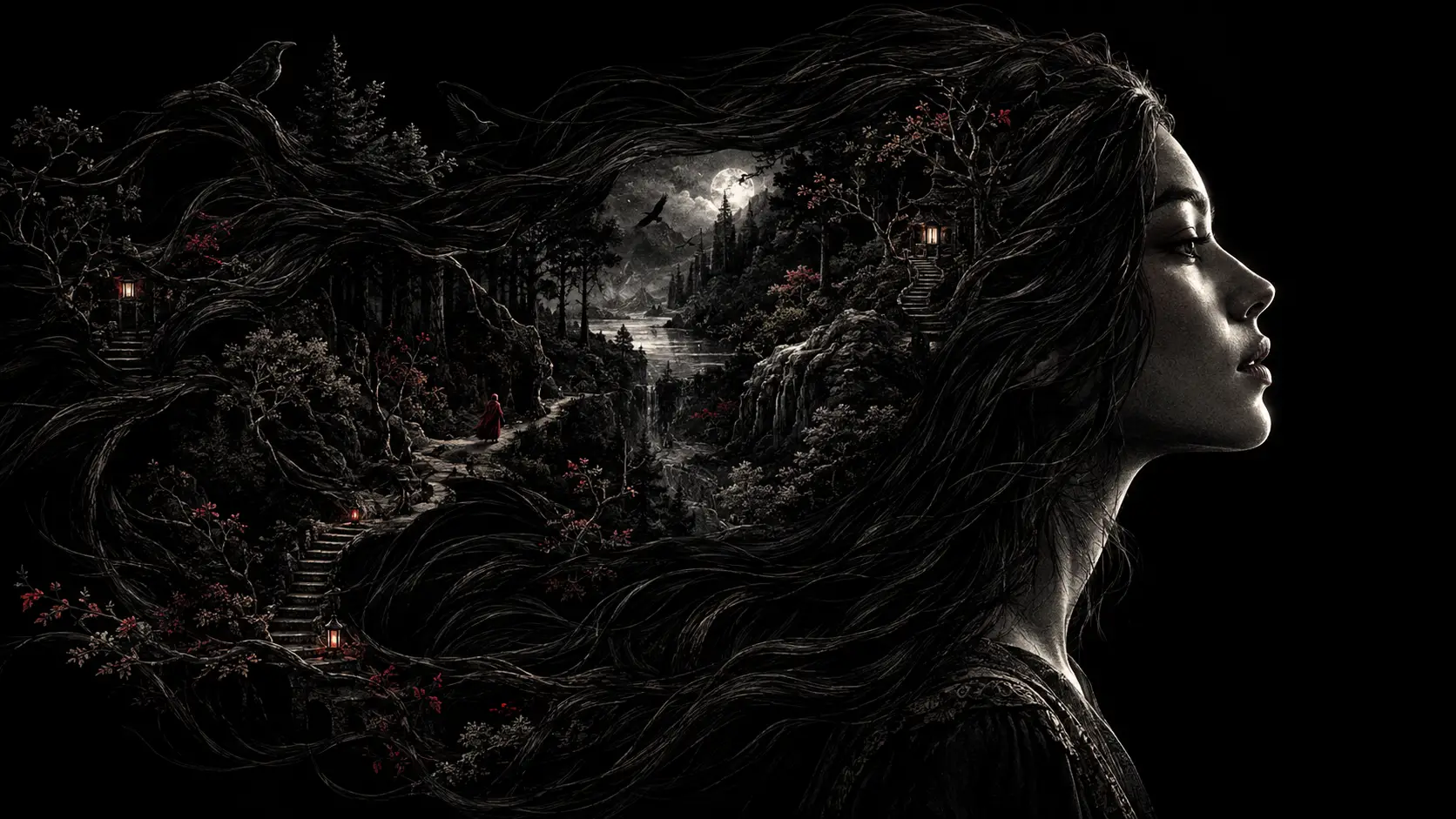 A woman's flowing hair becomes a hidden forest against black