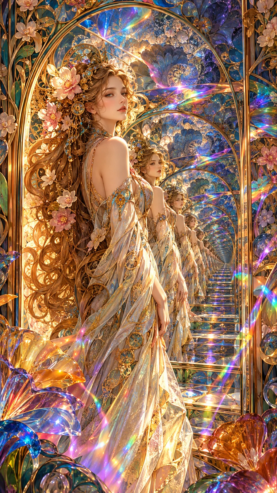 Una donna serena con abiti fluidi in stile Art Nouveau tra archi ornamentali