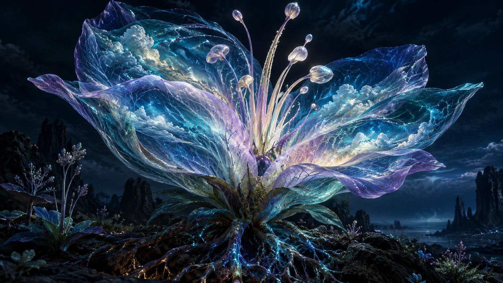 A colossal translucent flower rises above a rocky landscape beneath the night sky