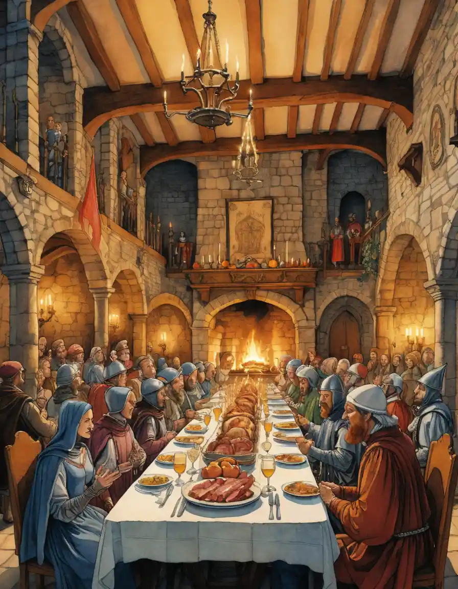 A medieval banquet unfolds beneath candlelight in a castle hall